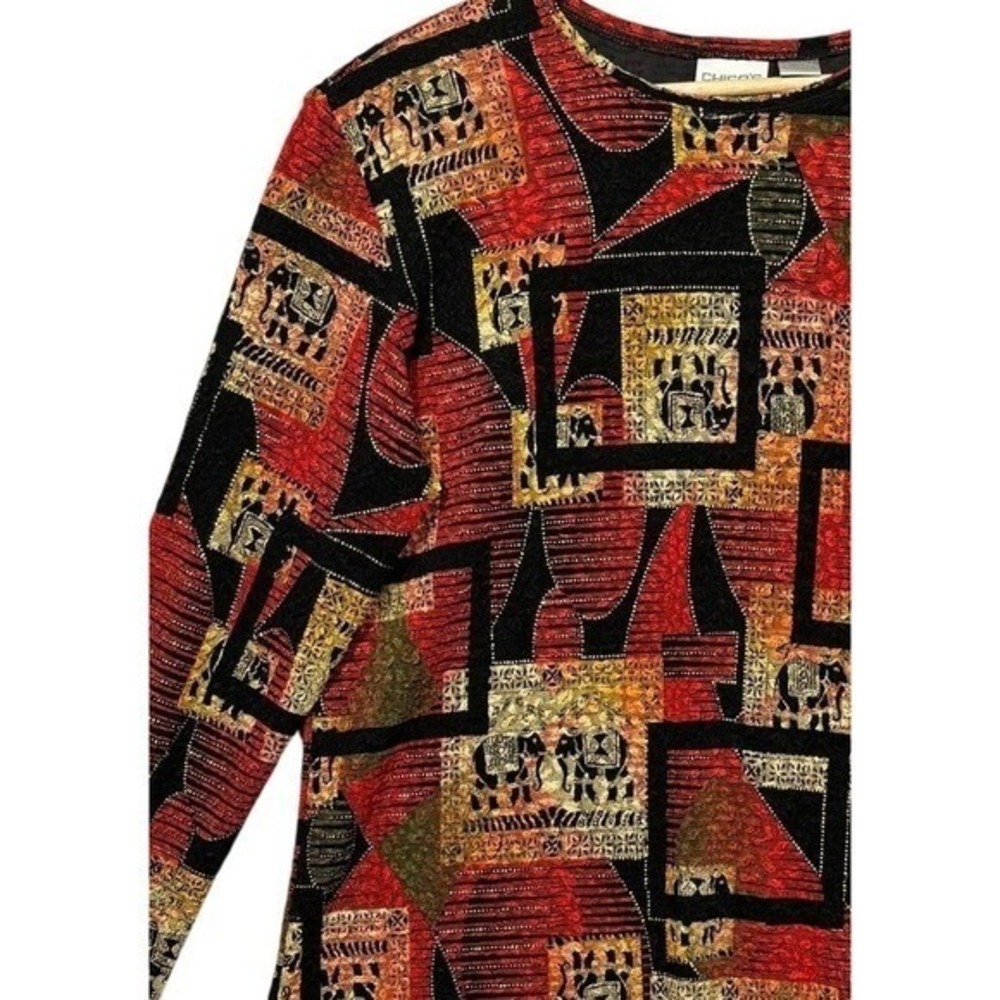 Chico's Elephant Print Top Womens 2 Large Long Sleeve Stretch Pullover